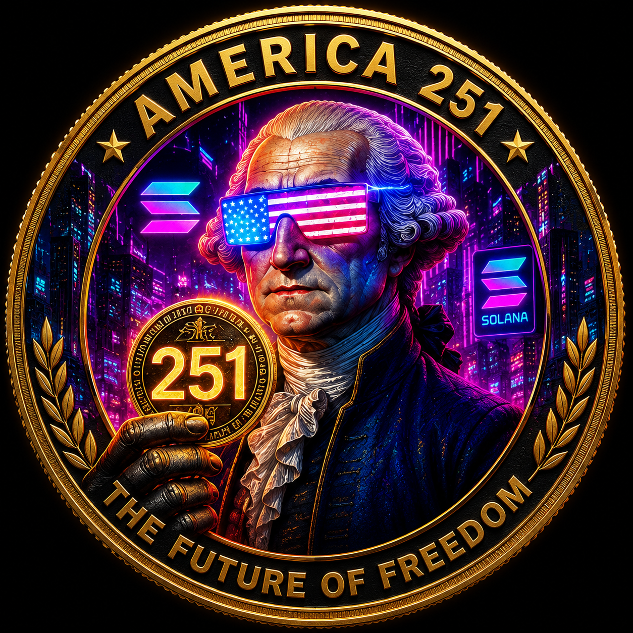 AMERICA 251 coin featuring a neon George Washington holding the 251 token